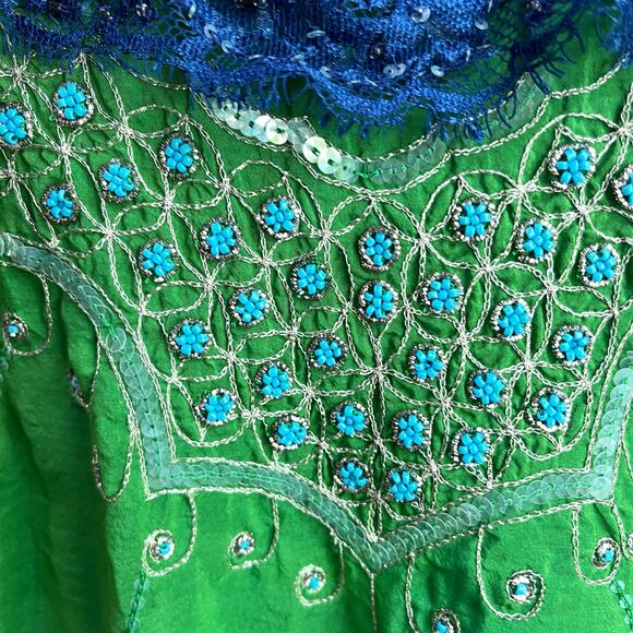 Y2K Free People Boho Hippie Teal and Green Silk Embroidered Tank Top Size 8 - Picture 6 of 11